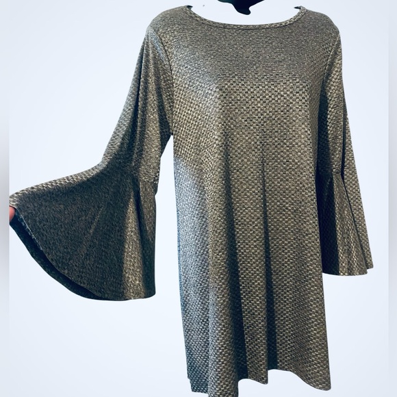 Textured Silver Grey Metallic Mini Dress / Tunic Top Bell Sleeves NWT S - Picture 2 of 9